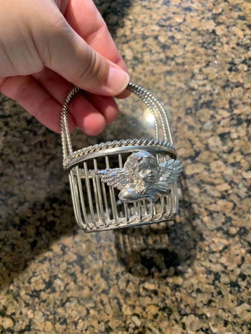 Vintage Department 56 Silver Plated Miniature Wire Basket Angel Cherub Trinket